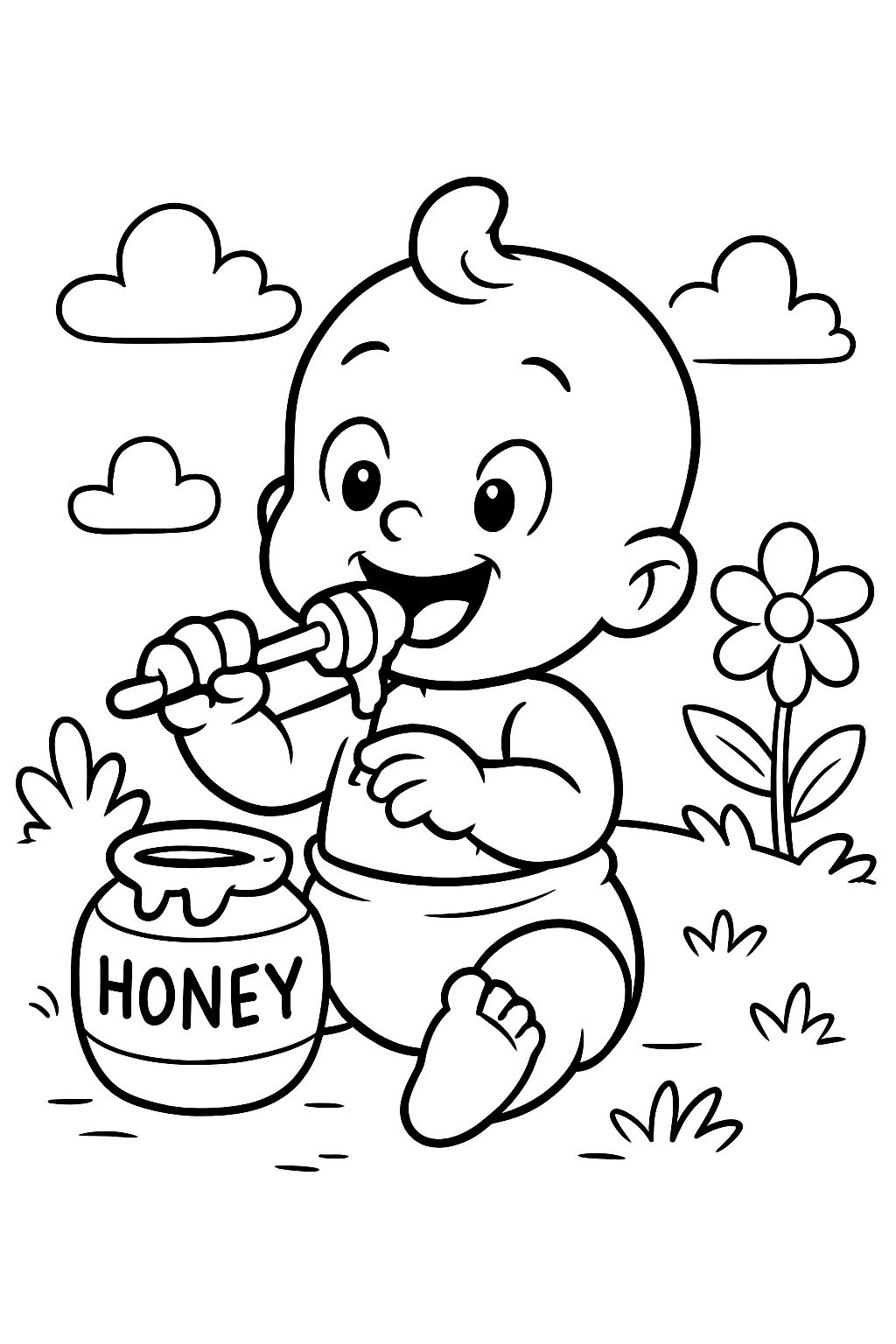 un lindo bebé niño con pañal comiendo miel