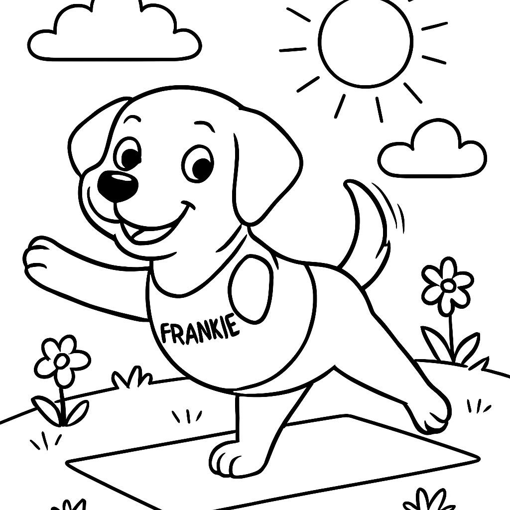 Un labrador que lleva un chaleco que dice Frankie haciendo yoga. Un labrador que lleva un chaleco que dice Frankie haciendo yoga.