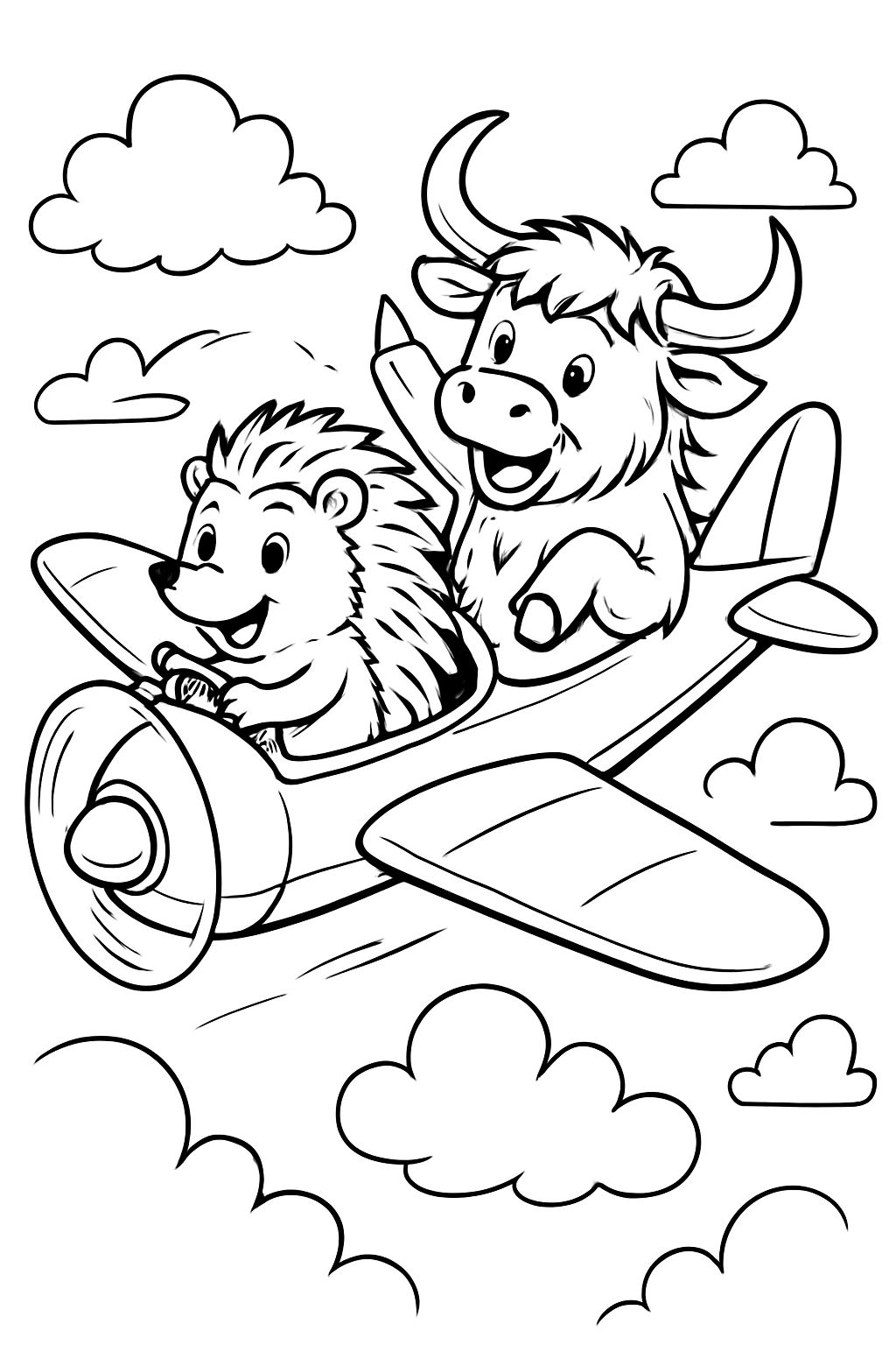 A hedgehog and a highland cow flying on a plane.