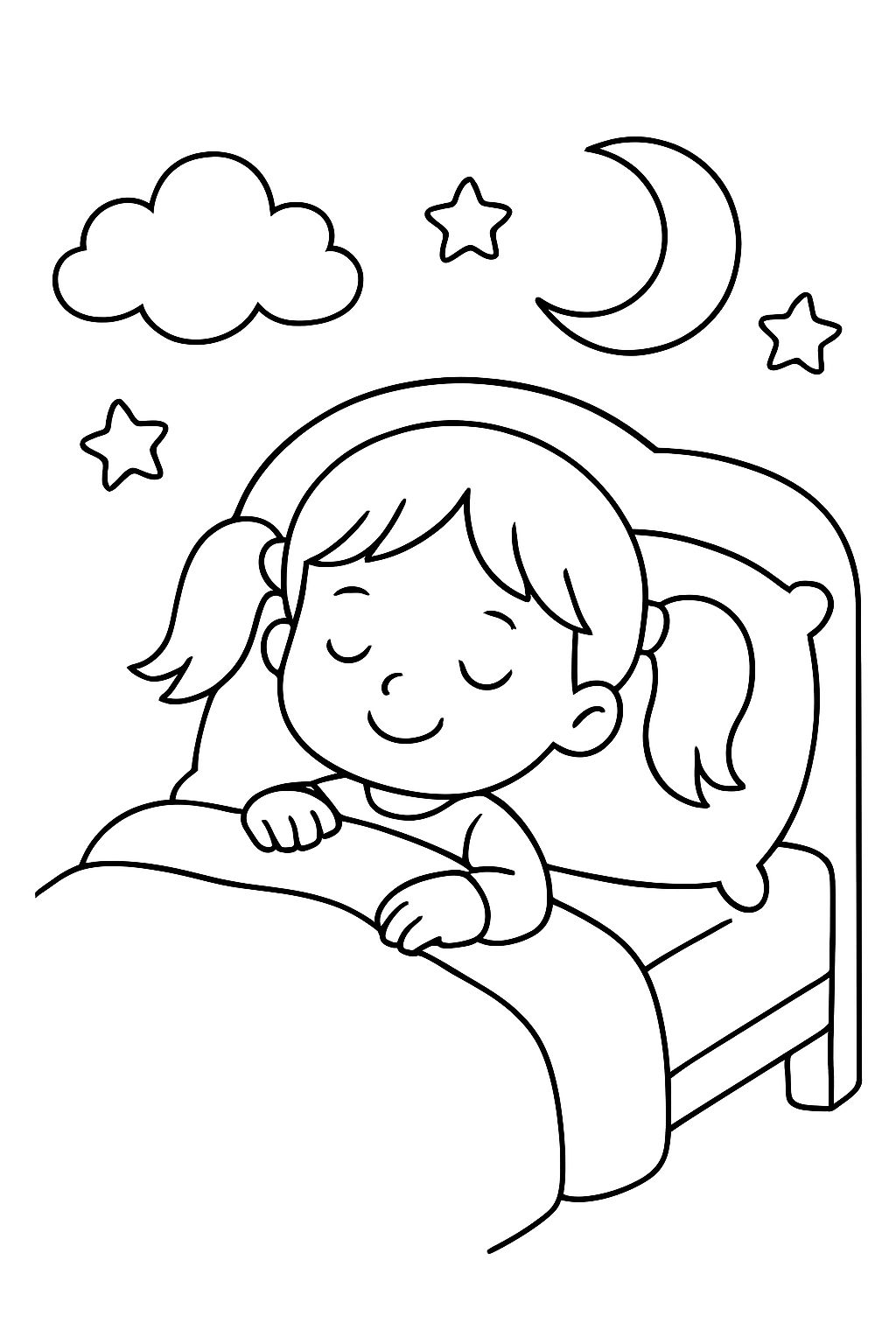 Petite fille avec des couettes dormant dans son lit