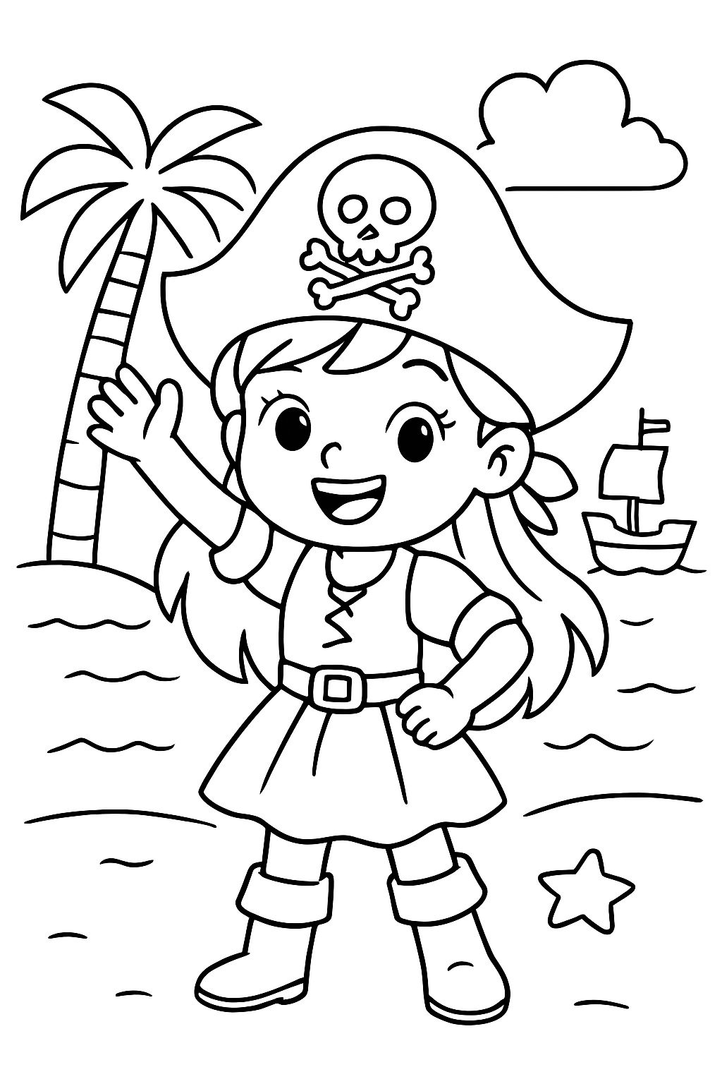 A cute pirate girl with long hair in a cute pirate dress.