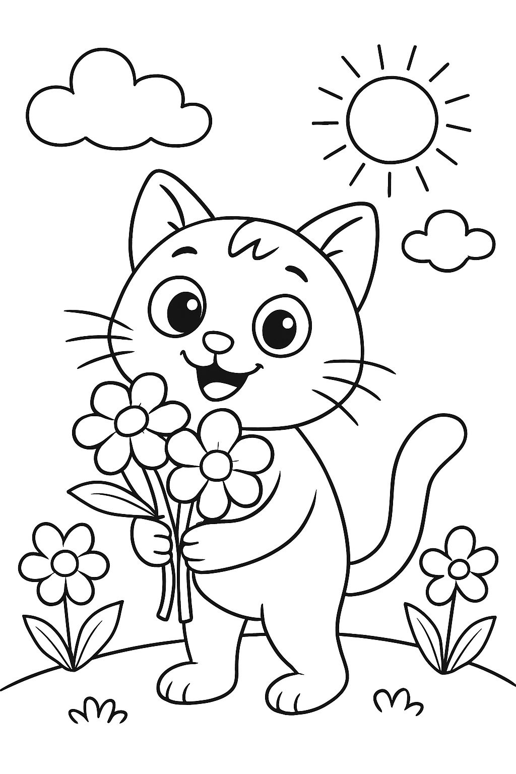 a cat holding flowers