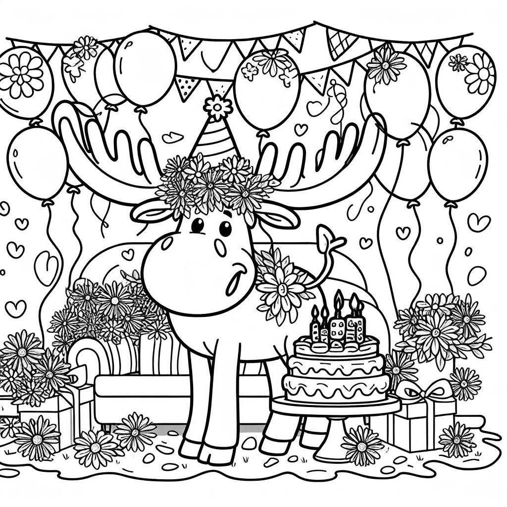 un élan célébrant un anniversaire avec beaucoup de fleurs et de ballons un élan célébrant un anniversaire avec beaucoup de fleurs et de ballons