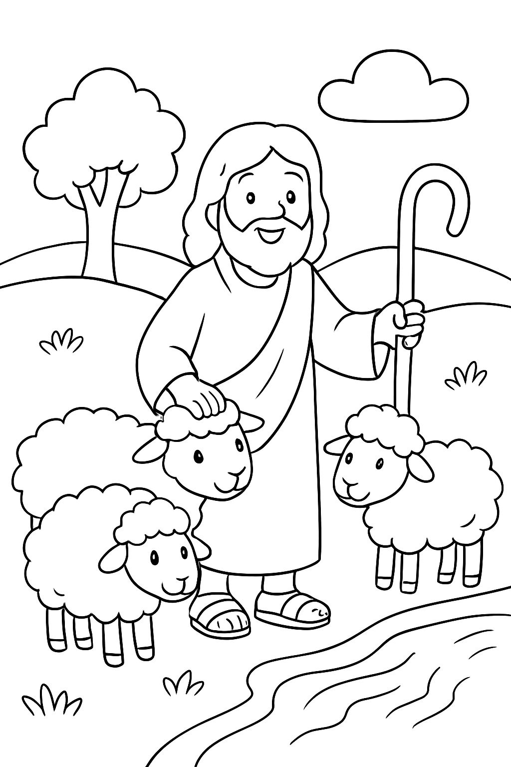 Jésus est le bon berger avec ses moutons près de la source d'eau