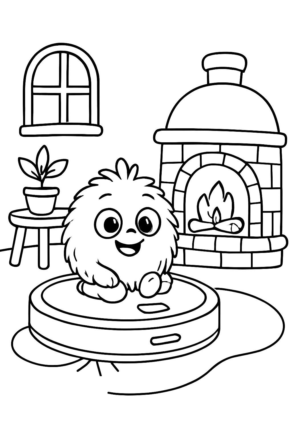 Dans le robot aspirateur se trouve un petit appartement avec un poêle en faïence, devant lequel se trouve une petite créature ronde et fluffy. Dans le robot aspirateur se trouve un petit appartement avec un poêle en faïence, devant lequel se trouve une petite créature ronde et fluffy.