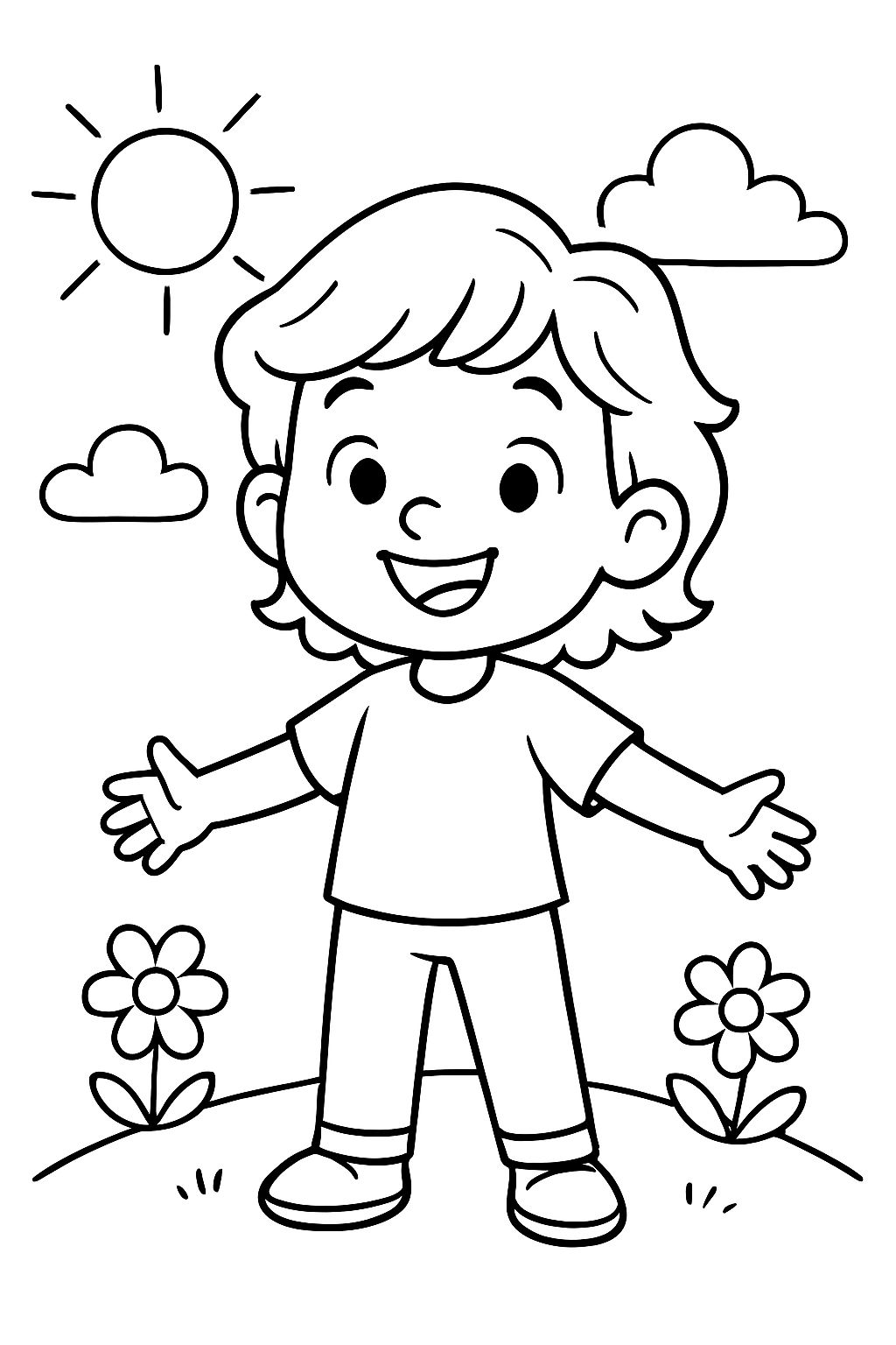 Can you draw a child with medium wavy hair looking forward and smiling?