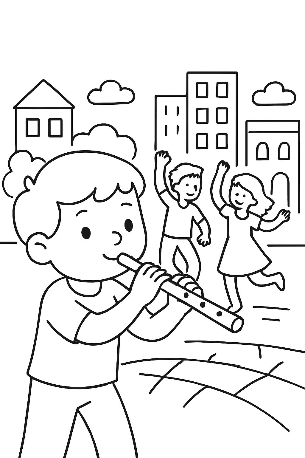 Child playing the flute and people dancing in a city.