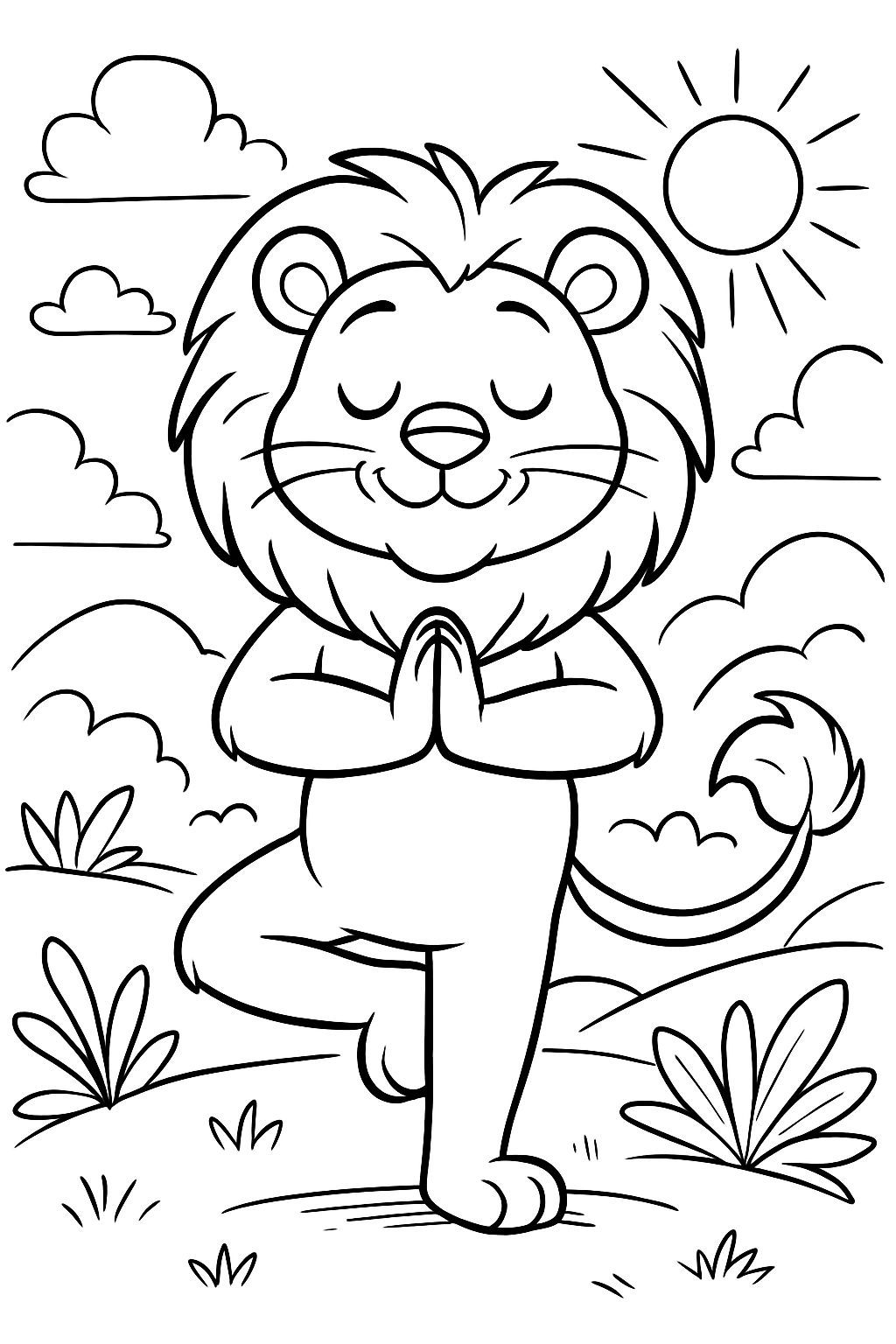 A cartoon cute lion in a yoga pose