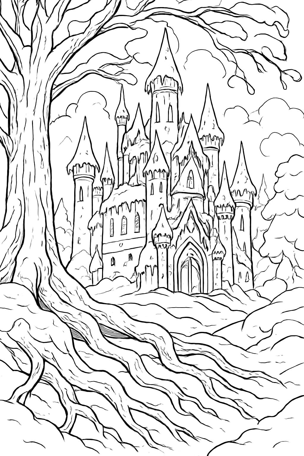 Um enorme castelo de fadas de gelo com muitos pingentes de gelo, muito detalhado, coberto de neve entre as raízes de uma árvore gigante Um enorme castelo de fadas de gelo com muitos pingentes de gelo, muito detalhado, coberto de neve entre as raízes de uma árvore gigante