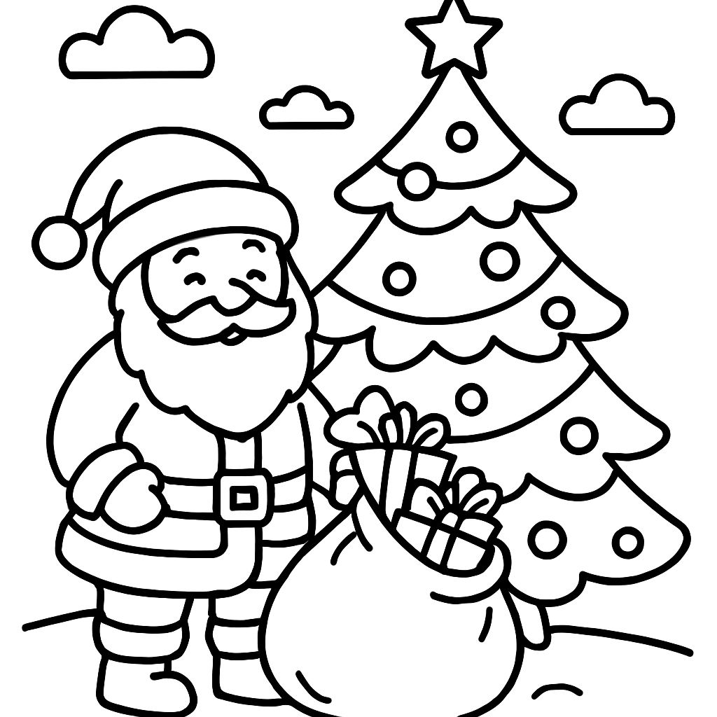 Nikolaus with a large sack full of gifts next to a large, beautifully decorated Christmas tree Nikolaus with a large sack full of gifts next to a large, beautifully decorated Christmas tree