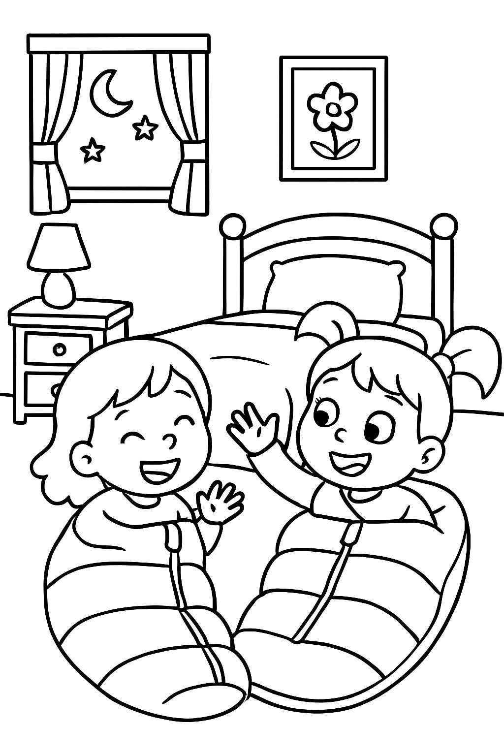 Duas meninas em sacos de dormir em um quarto