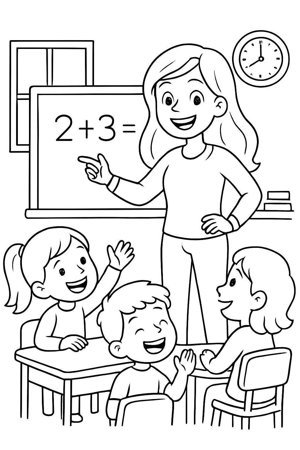 Young female teacher with long hair and a great smile, wearing pants and a sweater, teaching math class. Young female teacher with long hair and a great smile, wearing pants and a sweater, teaching math class.