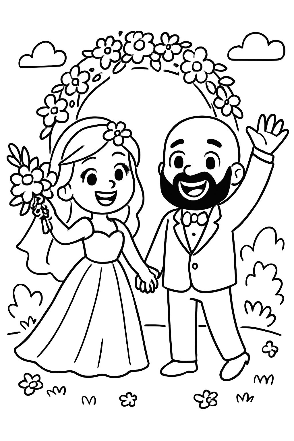 Braut und bärtiger, glatzköpfiger Bräutigam