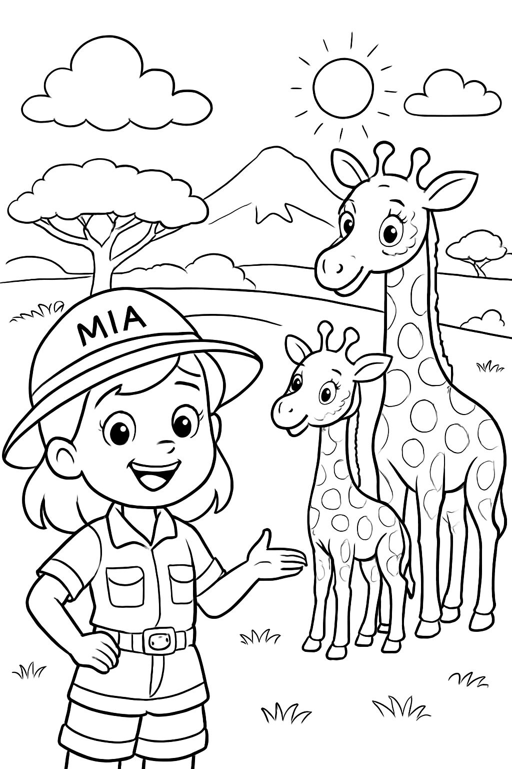 A girl wearing a safari outfit, the name Mia, mom and baby giraffe, on the African Savannah.