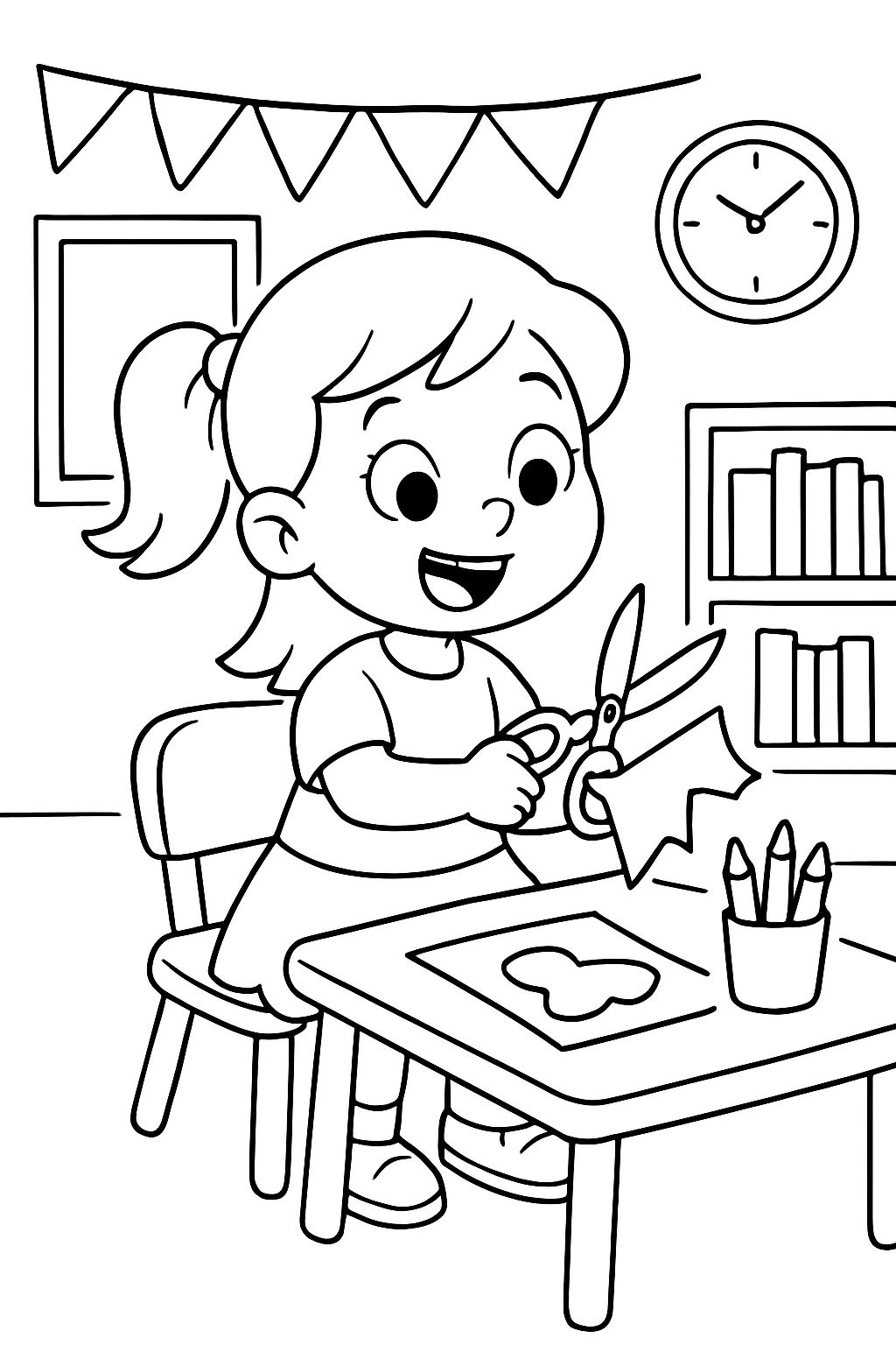 Fille de 3 ans utilisant des ciseaux à la maternelle.