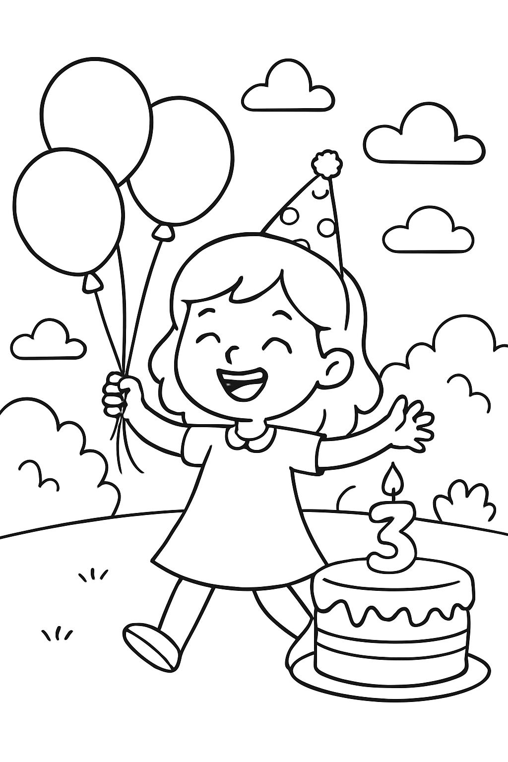 pour le 3ème anniversaire d'une fille avec des ballons et un gâteau au format paysage