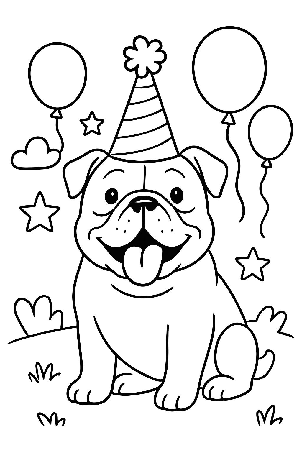 Un bulldog avec un chapeau de fête