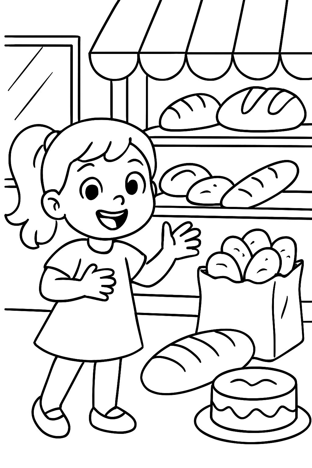 a girl standing in a bakery, in front of a bag of rolls, bread, and cake a girl standing in a bakery, in front of a bag of rolls, bread, and cake