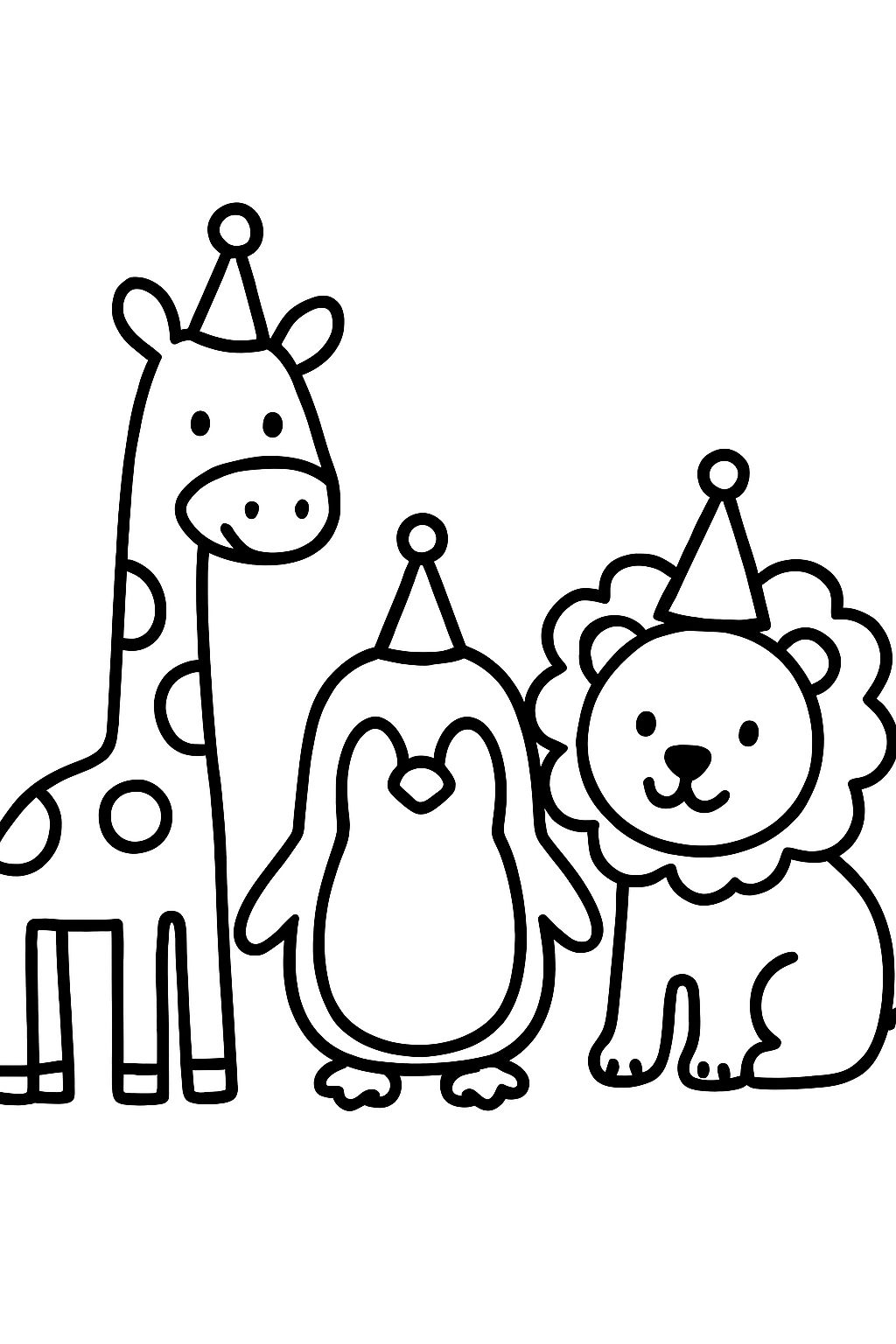 Uma girafa, um pinguim e um leão usando chapéus de aniversário em uma festa. Uma girafa, um pinguim e um leão usando chapéus de aniversário em uma festa.