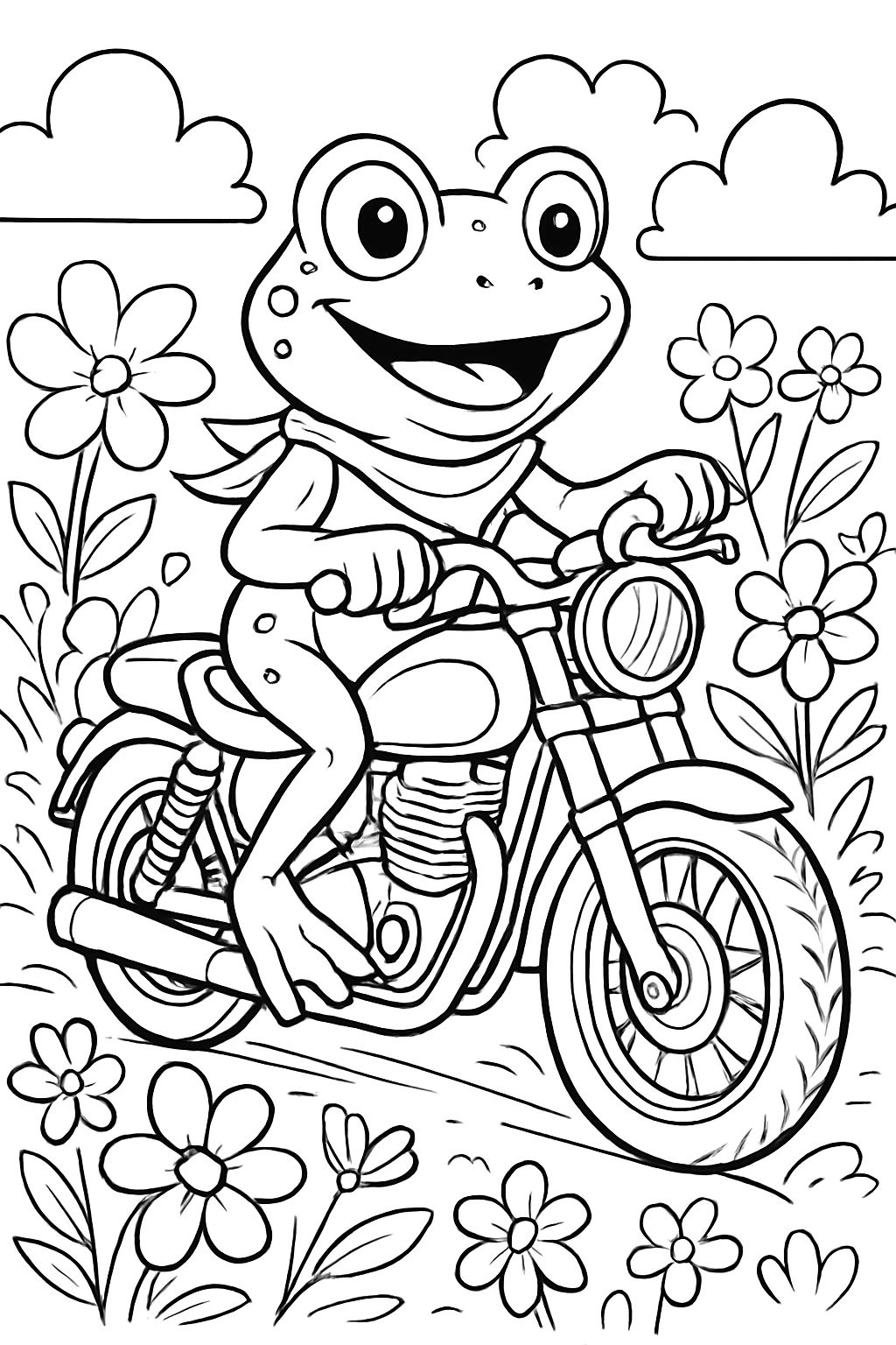 frog on a motorcycle with flowers