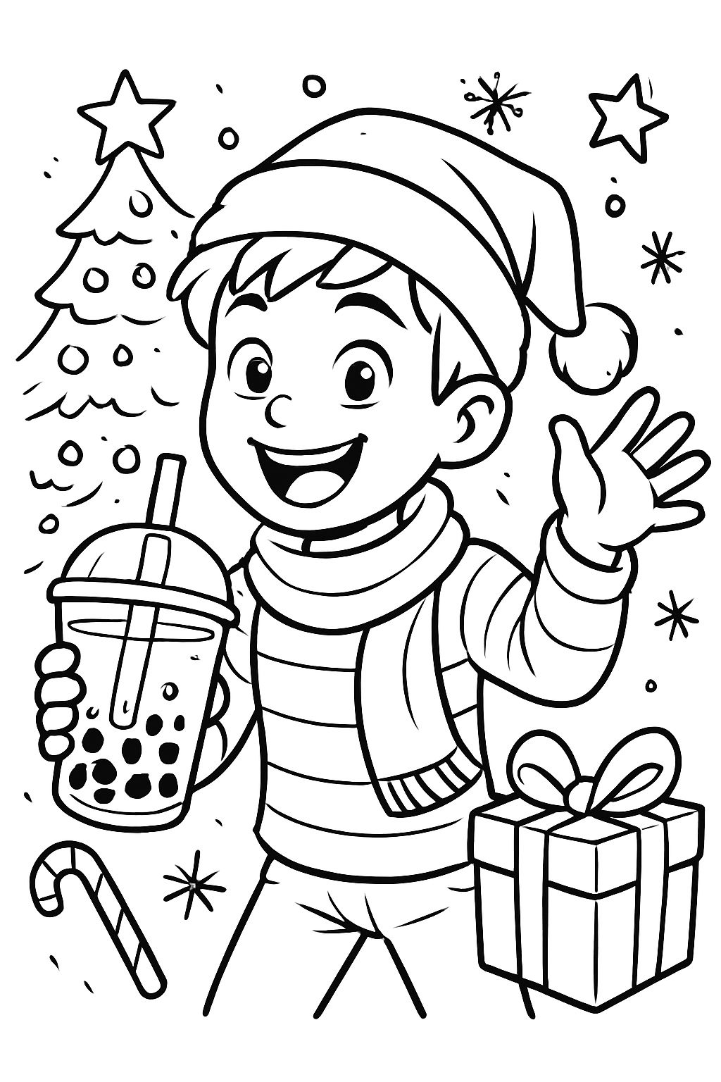Ein Junge, der Boba-Tee trinkt - Weihnachten Ein Junge, der Boba-Tee trinkt - Weihnachten