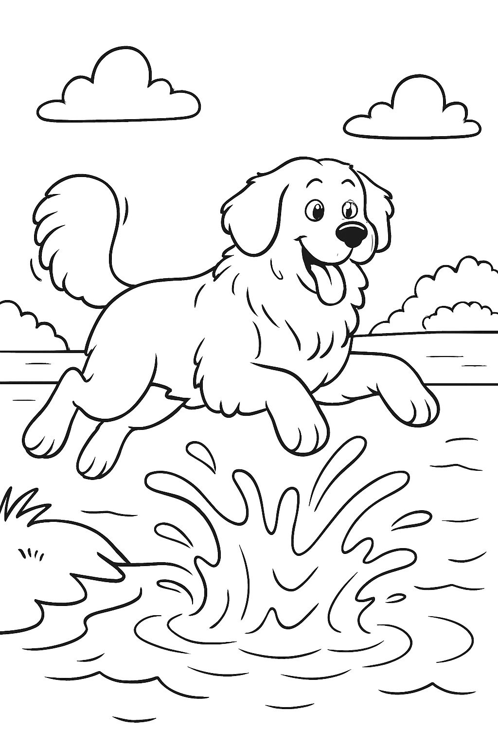 A Newfoundland dog jumping into the water.