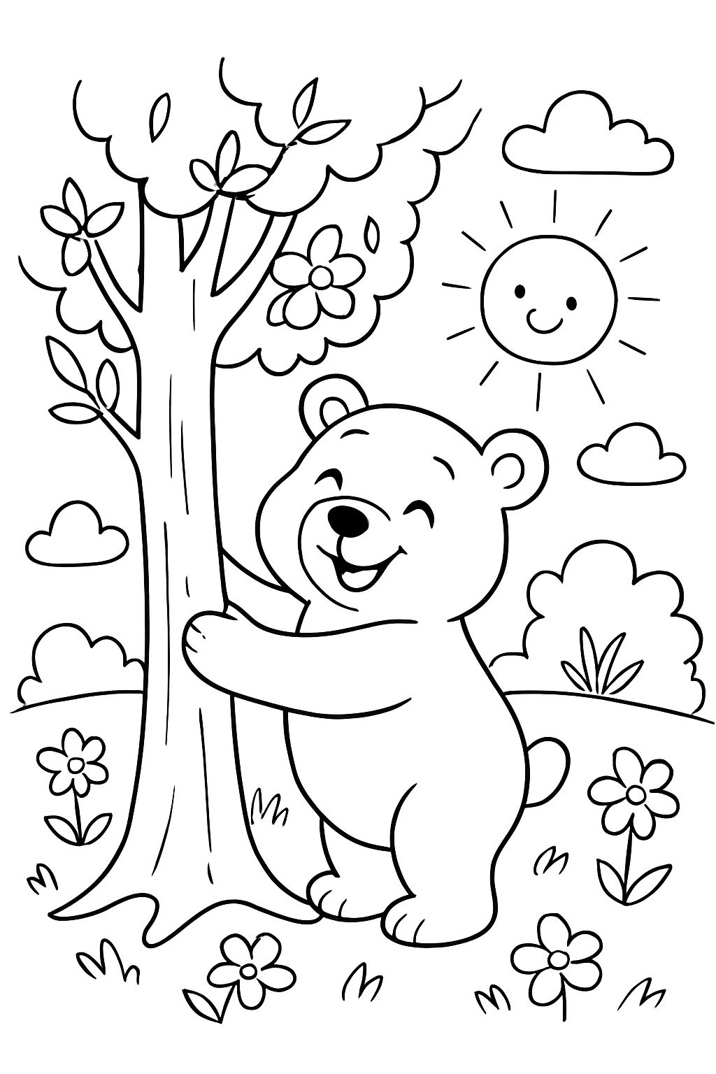 A bear hugging a tree in spring