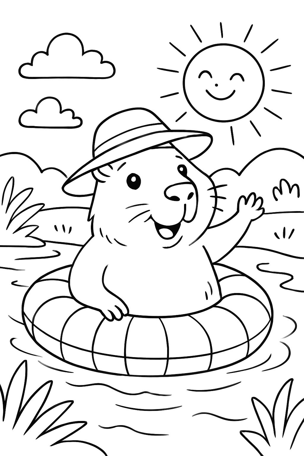 A capybara with a sun hat on floating down a river in a striped pool float.