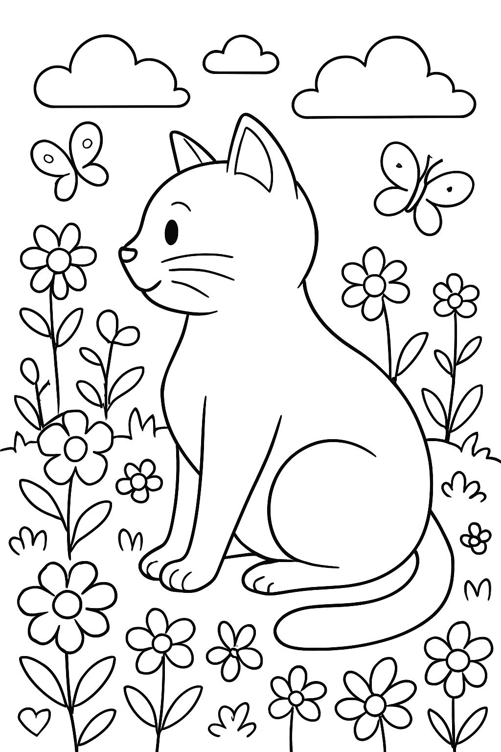 un chat enceinte qui regarde vers la gauche sur une prairie colorée avec beaucoup de fleurs et de papillons un chat enceinte qui regarde vers la gauche sur une prairie colorée avec beaucoup de fleurs et de papillons