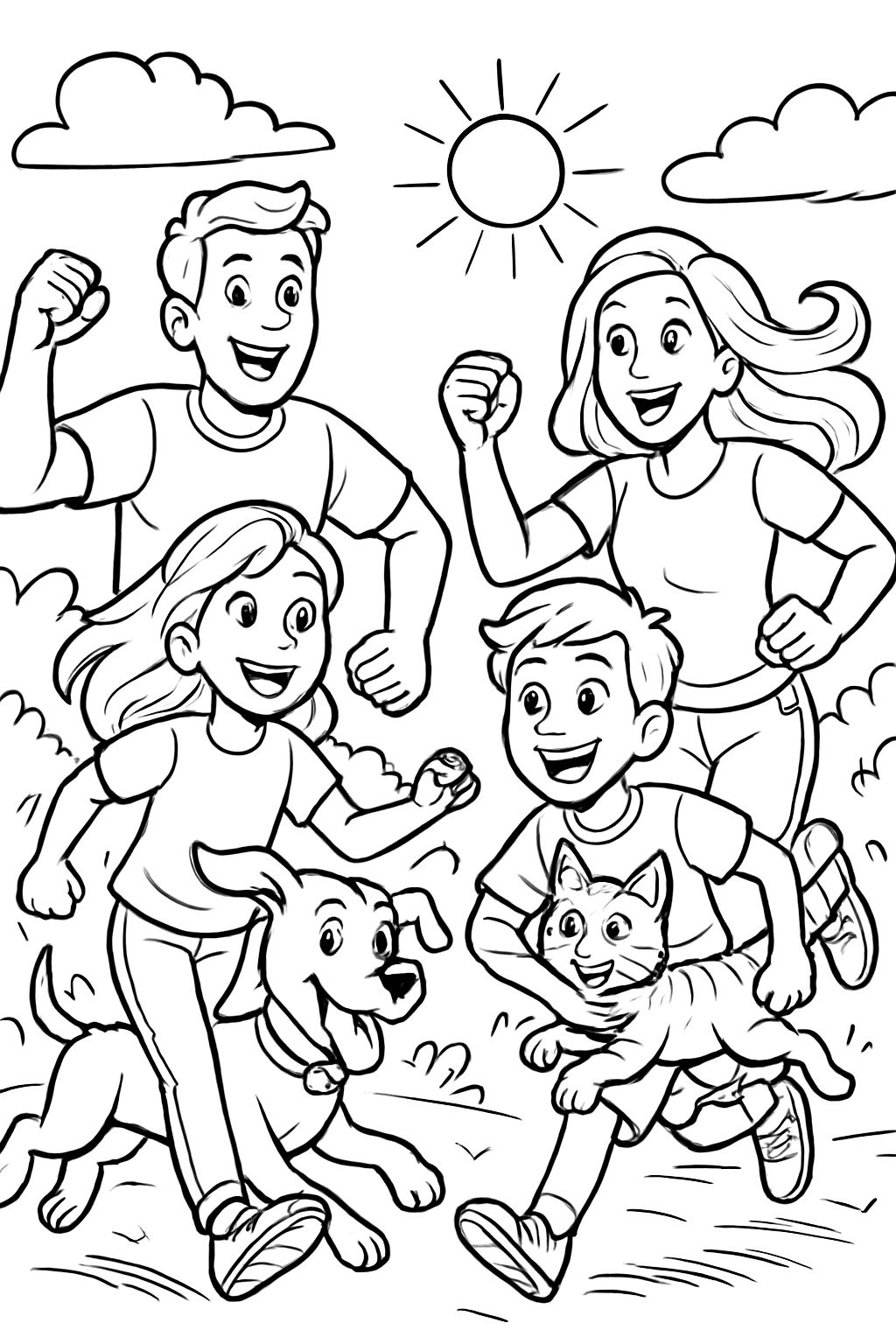 Une famille avec des animaux de compagnie