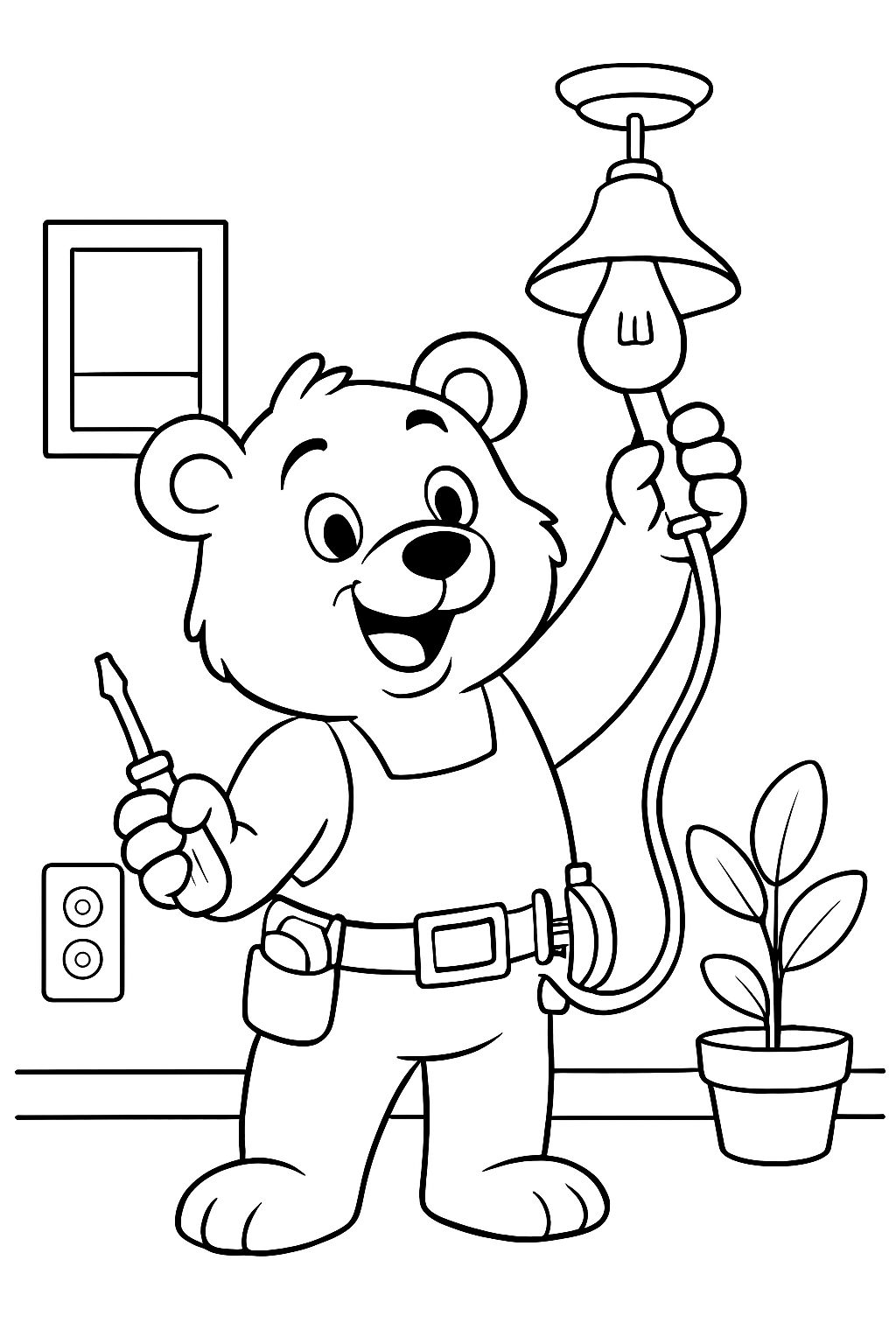 a bear as an electrician connecting a lamp