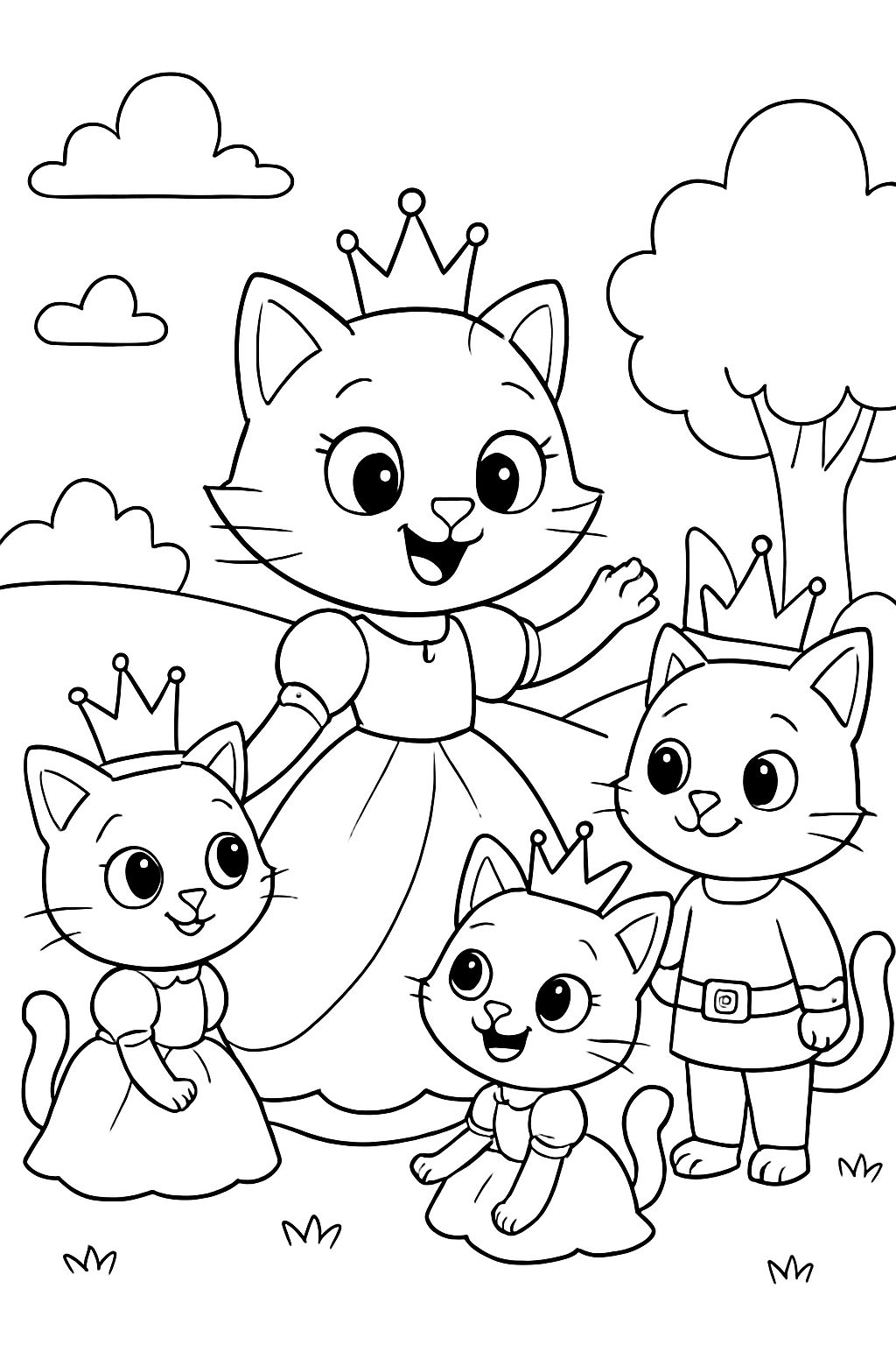 Princesa gata com duas princesas gatinhas, todas vestindo vestidos e um príncipe gato que tem o mesmo tamanho que a princesa gata. Princesa gata com duas princesas gatinhas, todas vestindo vestidos e um príncipe gato que tem o mesmo tamanho que a princesa gata.