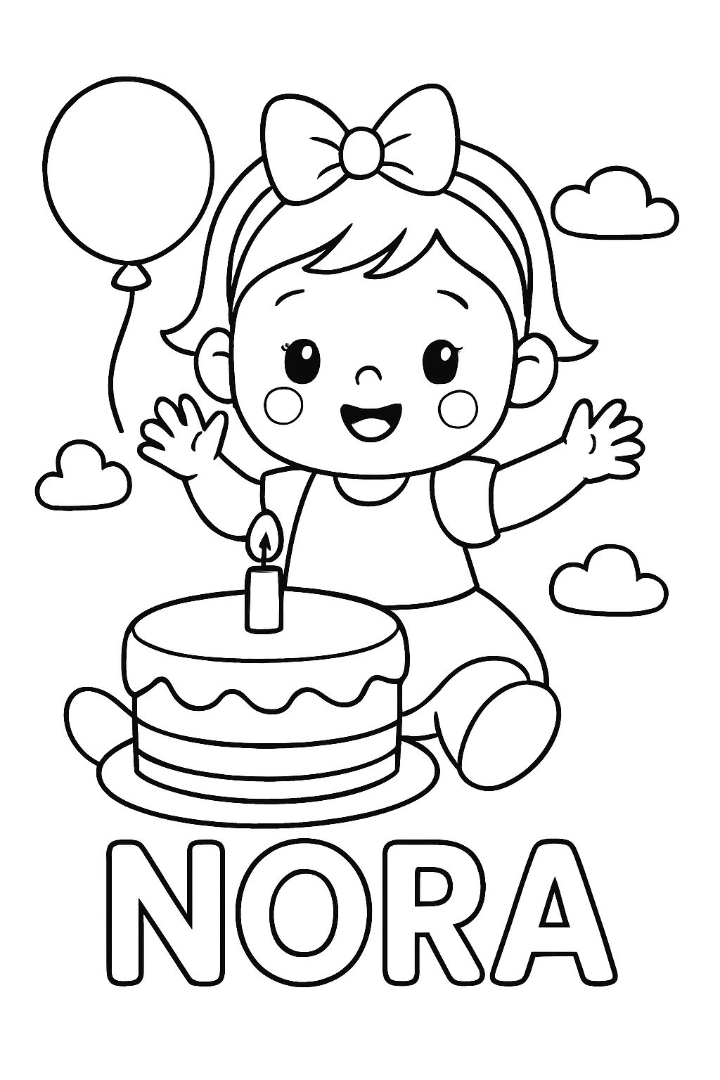 A baby girl that is wearing a hair bow and is celebrating her first birthday. It has Nora in big letters at the bottom. A baby girl that is wearing a hair bow and is celebrating her first birthday. It has Nora in big letters at the bottom.