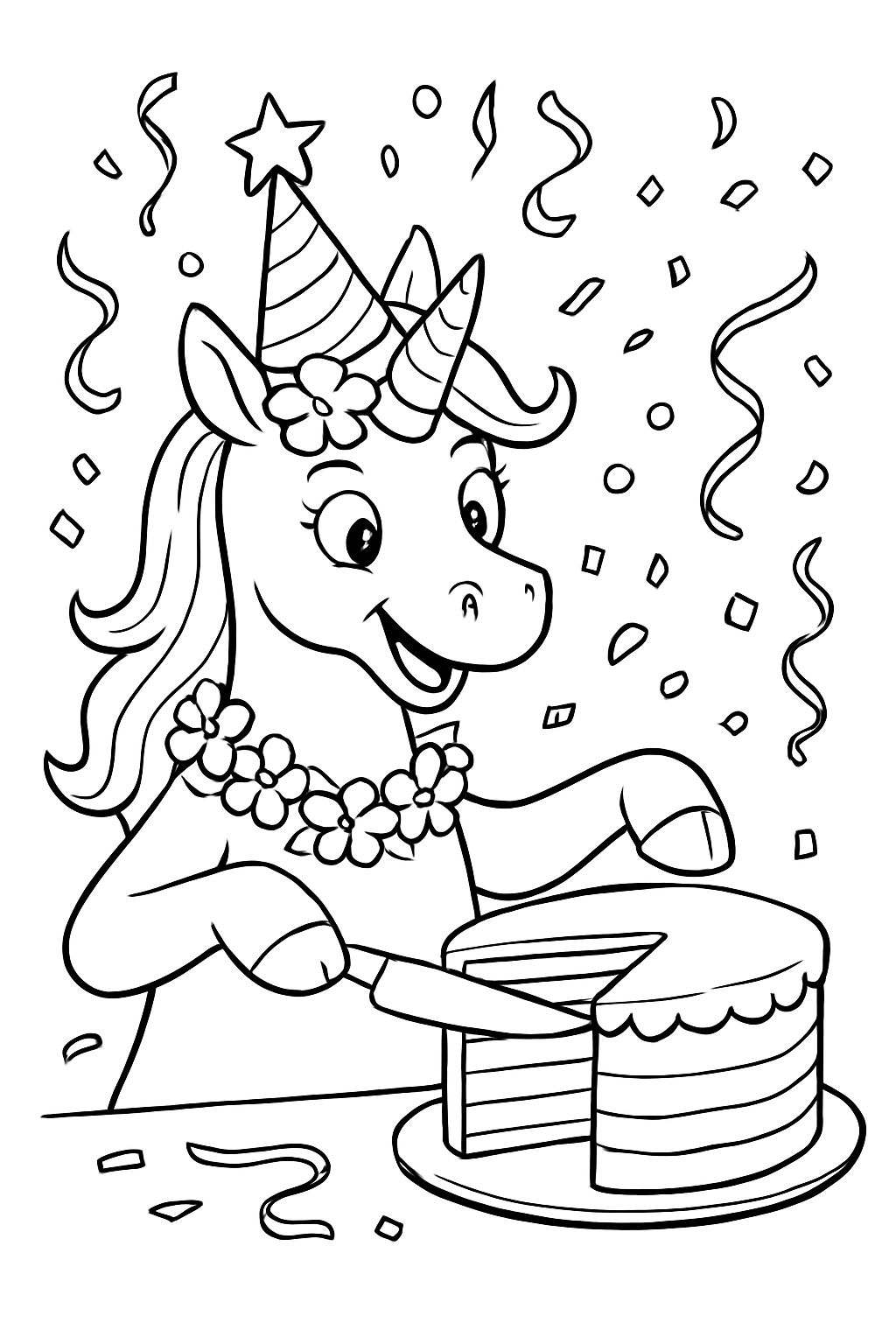 a complete unicorn wearing a flower crown celebrating a birthday by cutting a rainbow cake and throwing confetti