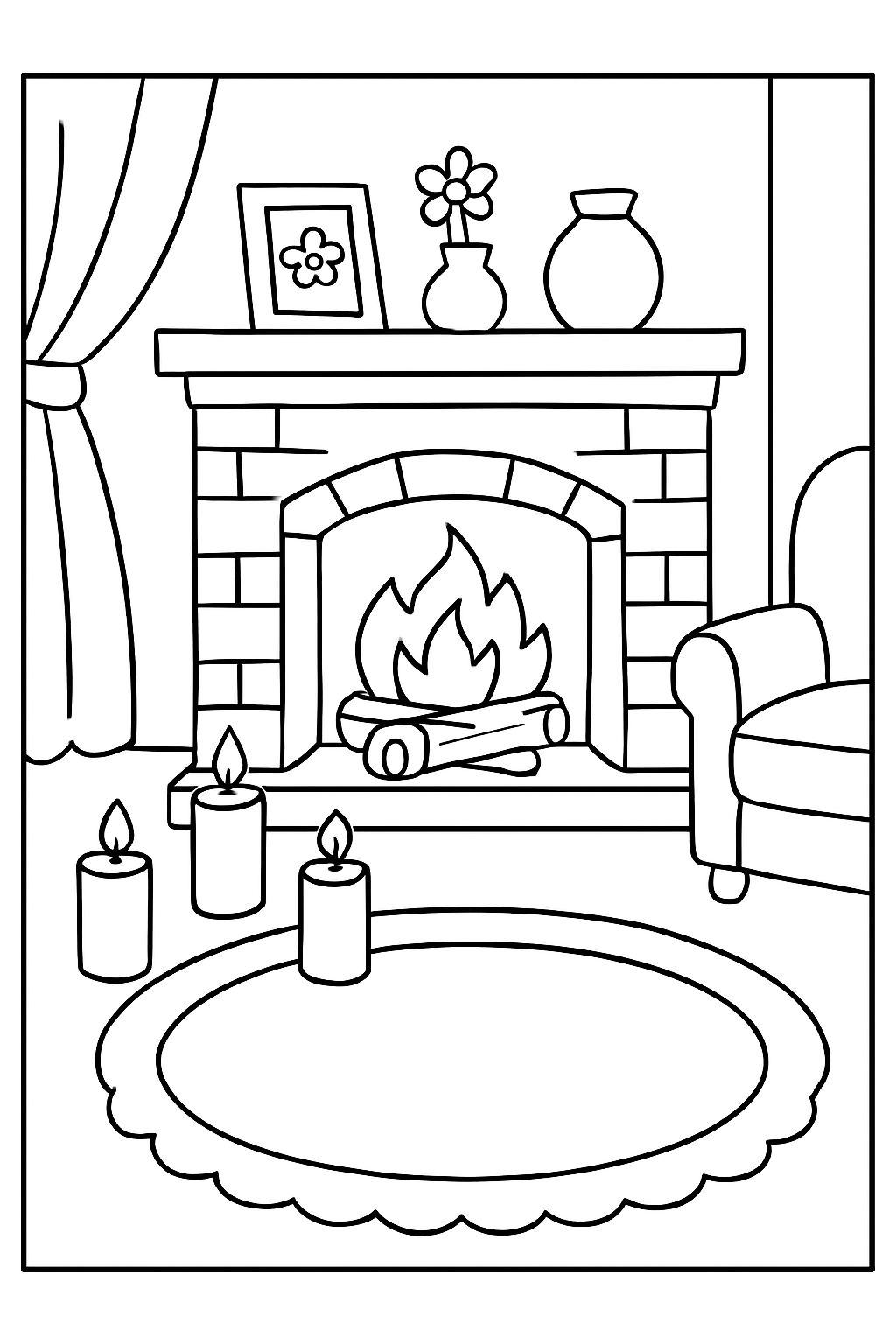 En la sala, hay una chimenea. Delante de la chimenea, hay una alfombra. Delante de la chimenea, hay 4 velas. No hay personas en la imagen. En la sala, hay una chimenea. Delante de la chimenea, hay una alfombra. Delante de la chimenea, hay 4 velas. No hay personas en la imagen.