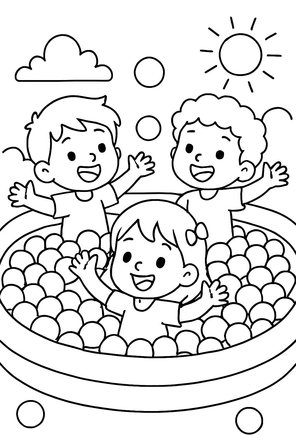 Meninos e uma menina brincando em uma piscina de bolinhas cheia de bolas