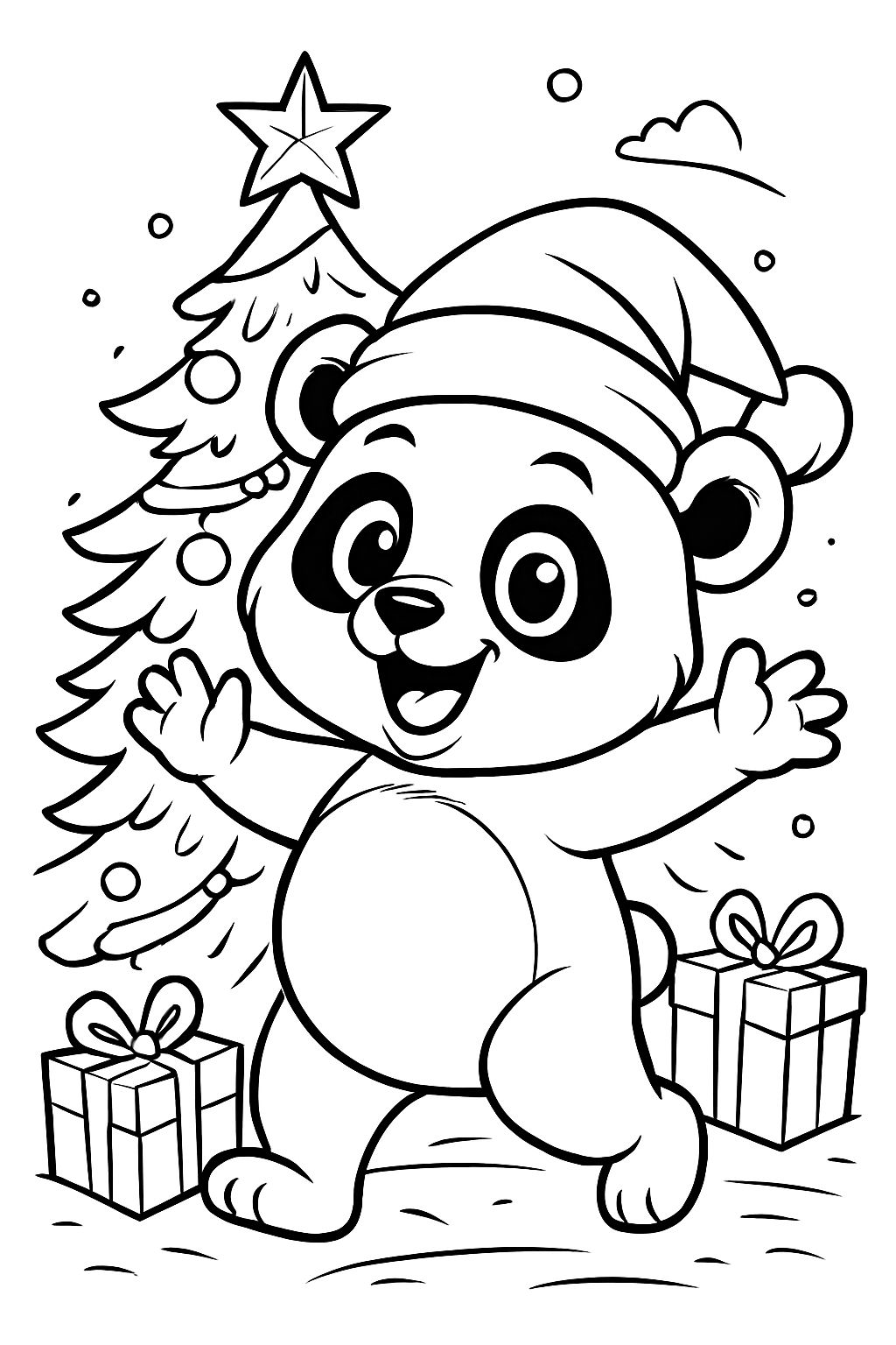 gros ours panda avec un chapeau de Noël devant un arbre de Noël