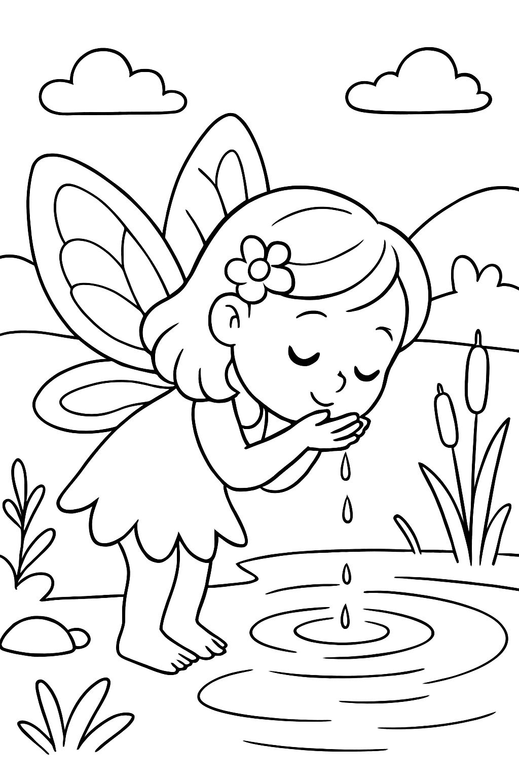 Fée buvant de l'eau dans un lac