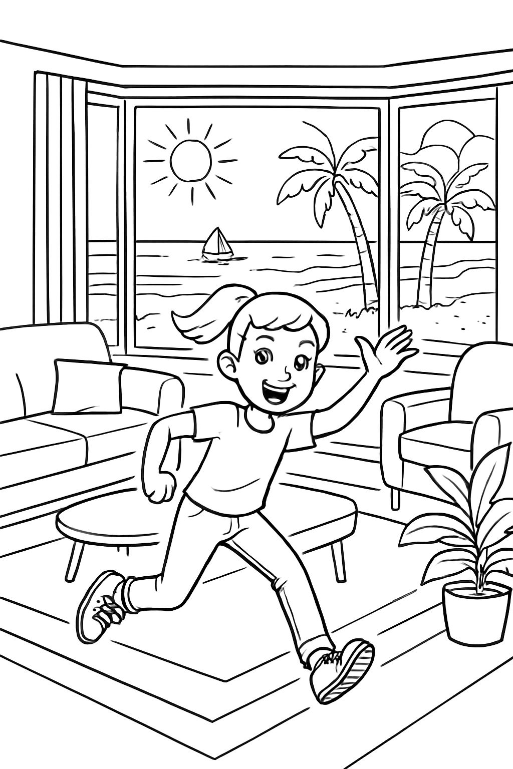 Uma sala de estar moderna com uma enorme janela de sacada que dá para a praia.