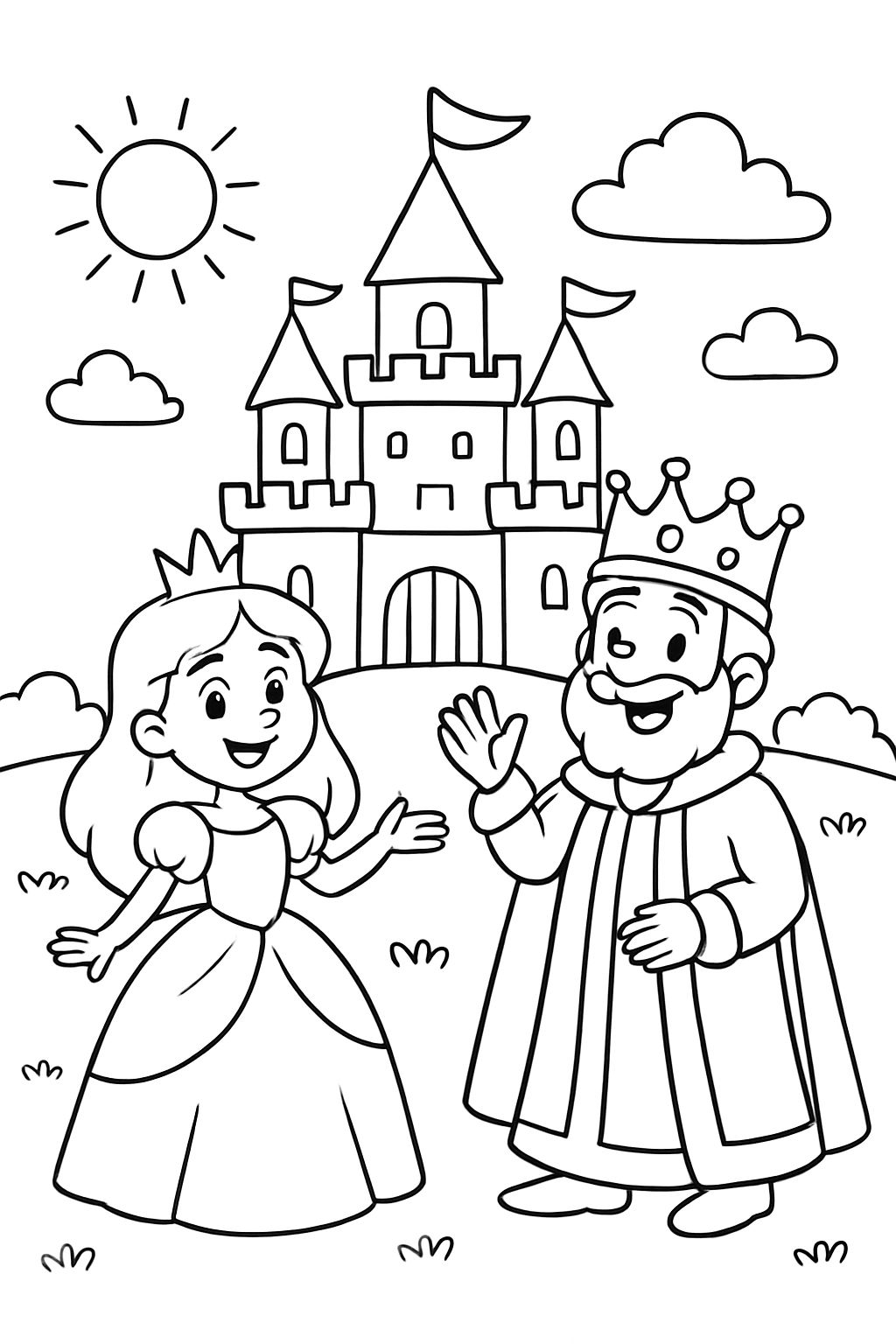 Princess and a king in front of the castle