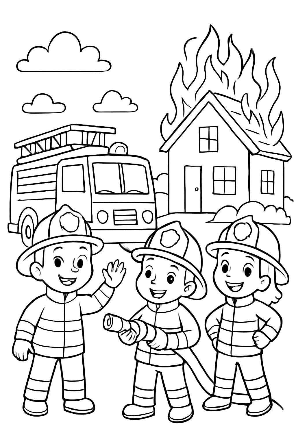 a fire crew in front of a fire truck and a burning house