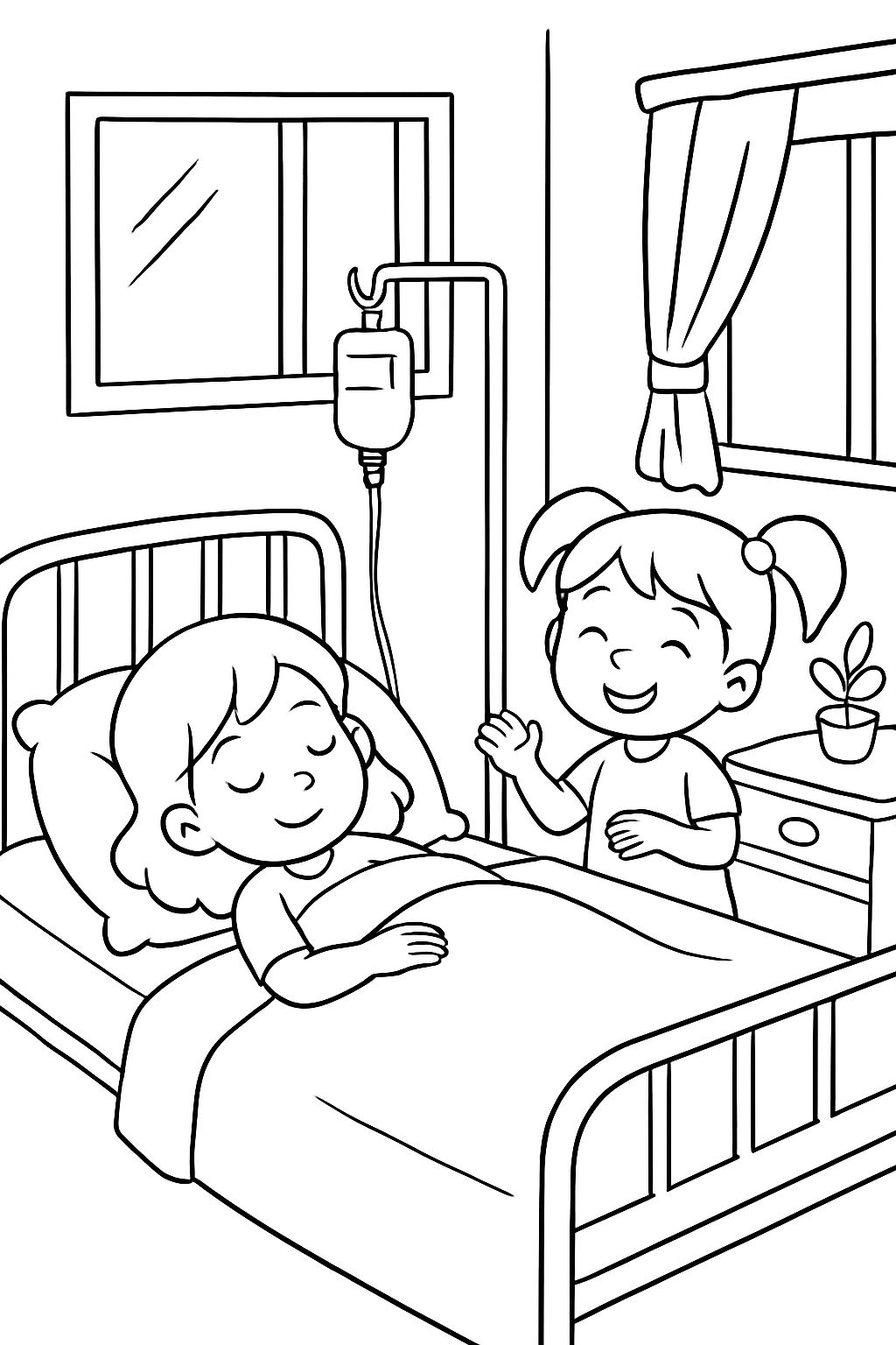 girl in the hospital, sleeping with another girl in the room, two beds
