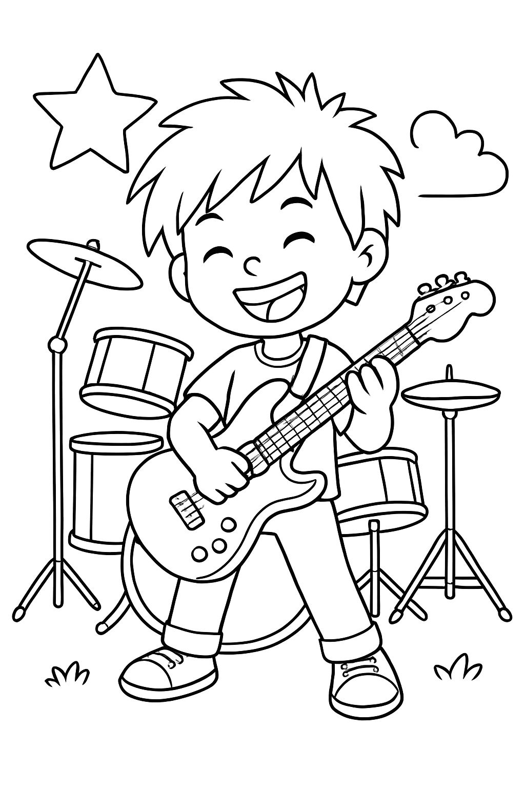 Rock musician with electric guitar and drums