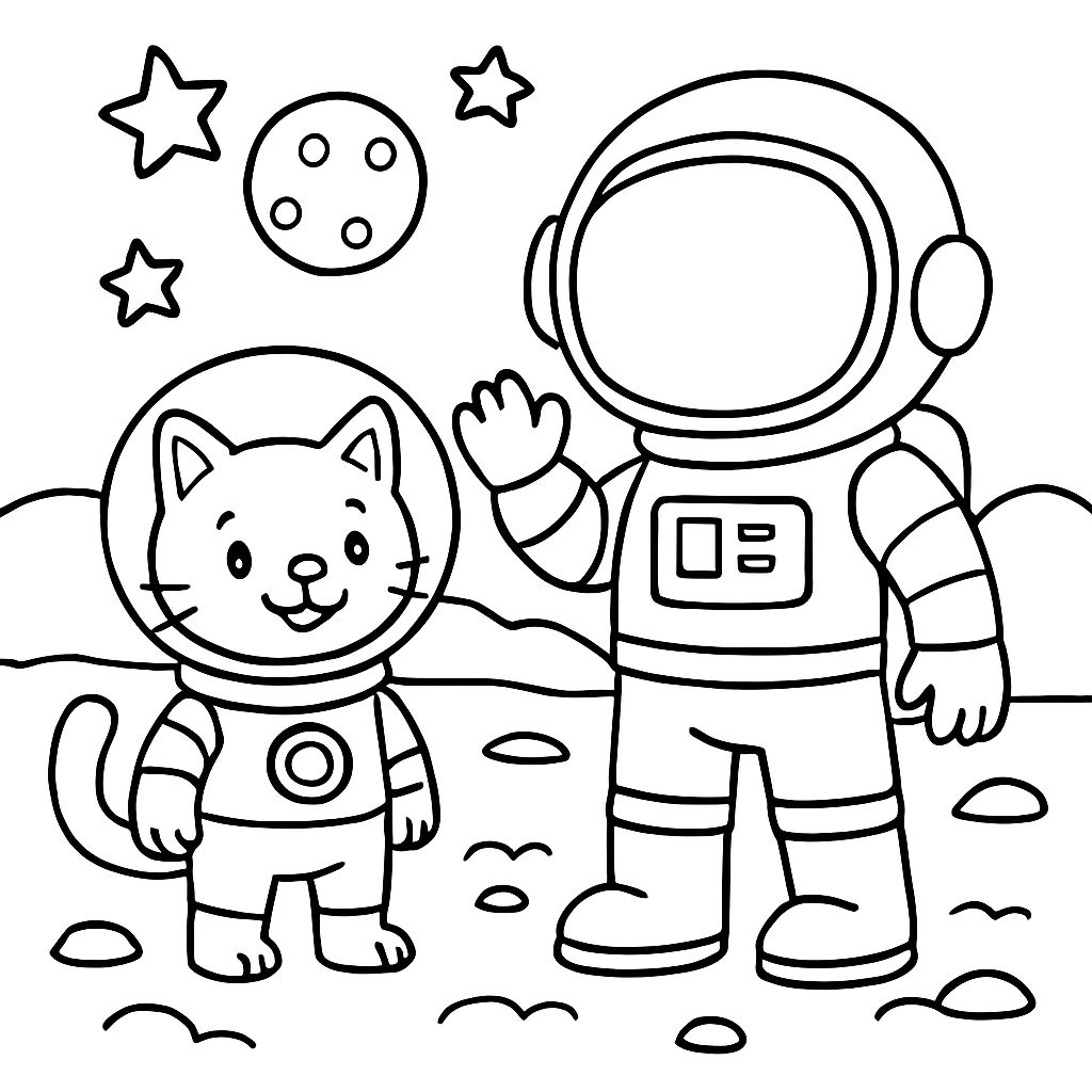 Eine Katze mit Raumanzug und ein Astronaut stehen auf dem Mars Eine Katze mit Raumanzug und ein Astronaut stehen auf dem Mars
