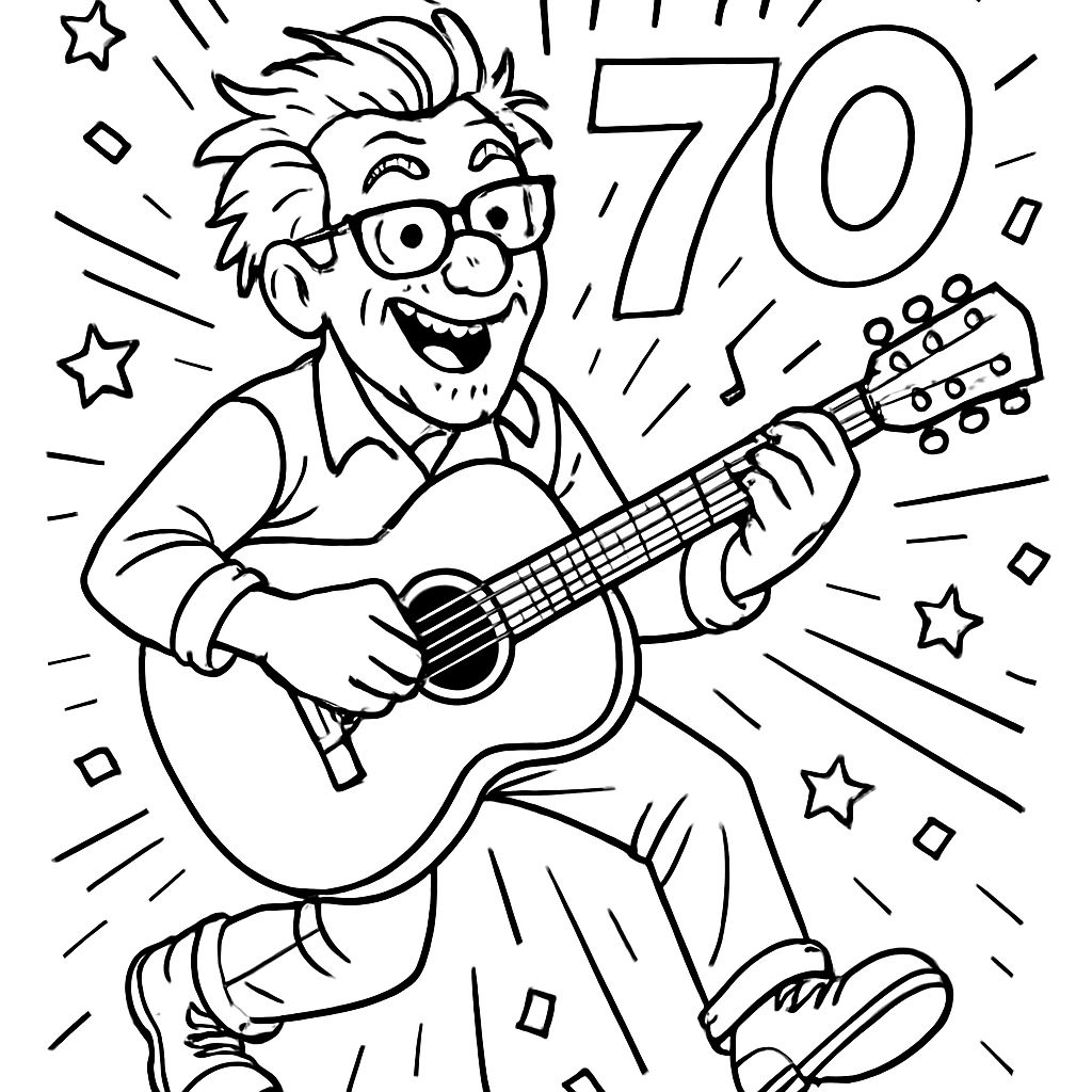 An older man, he plays guitar and celebrates his 70th birthday, he wears glasses and has somewhat messy hair An older man, he plays guitar and celebrates his 70th birthday, he wears glasses and has somewhat messy hair