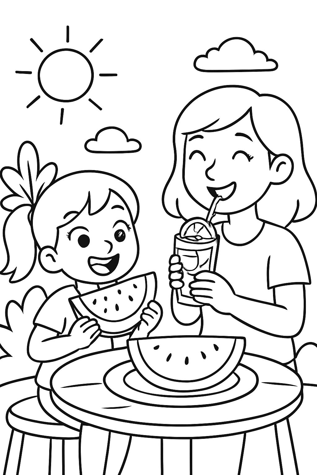 A girl and her mom are drinking lemonade and eating watermelon in summer A girl and her mom are drinking lemonade and eating watermelon in summer