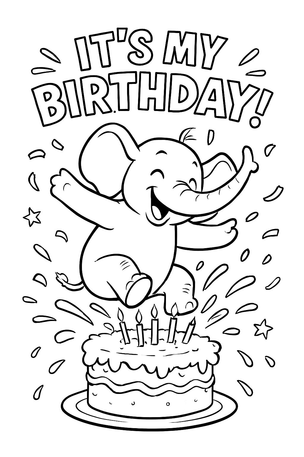 An elephant jumping into a birthday cake with the words above it 'it's my birthday!'