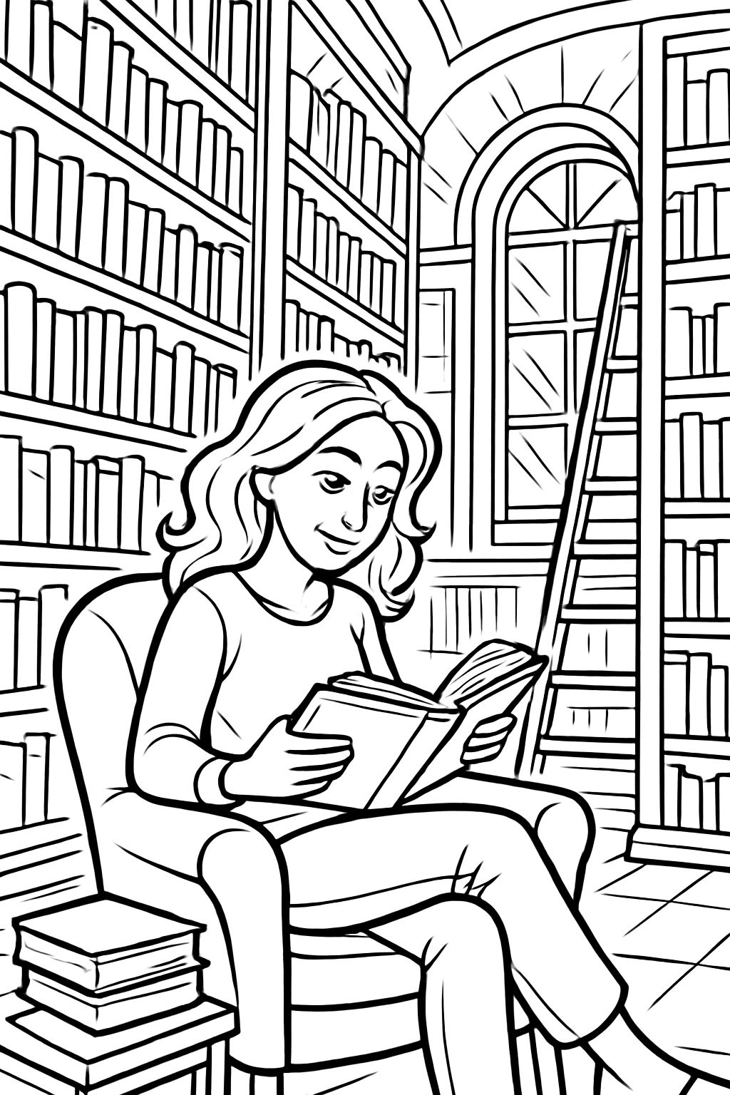 A large library with a woman sitting who is reading.