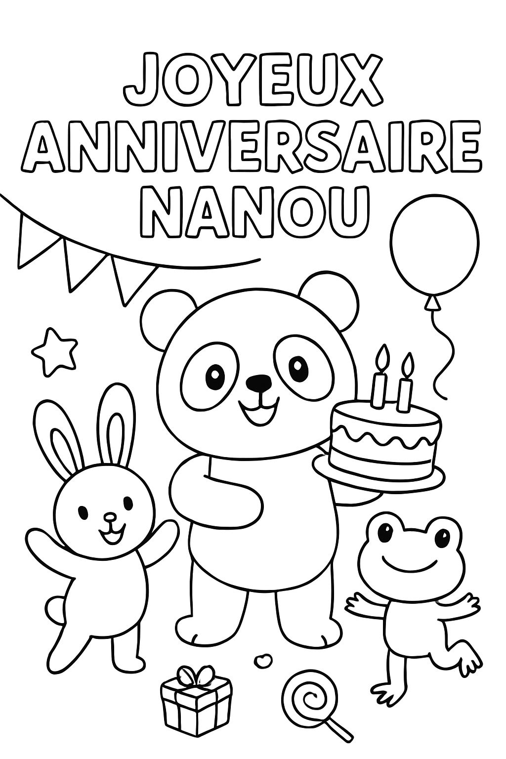Panda with his friends and birthday things writing happy birthday Nanou.