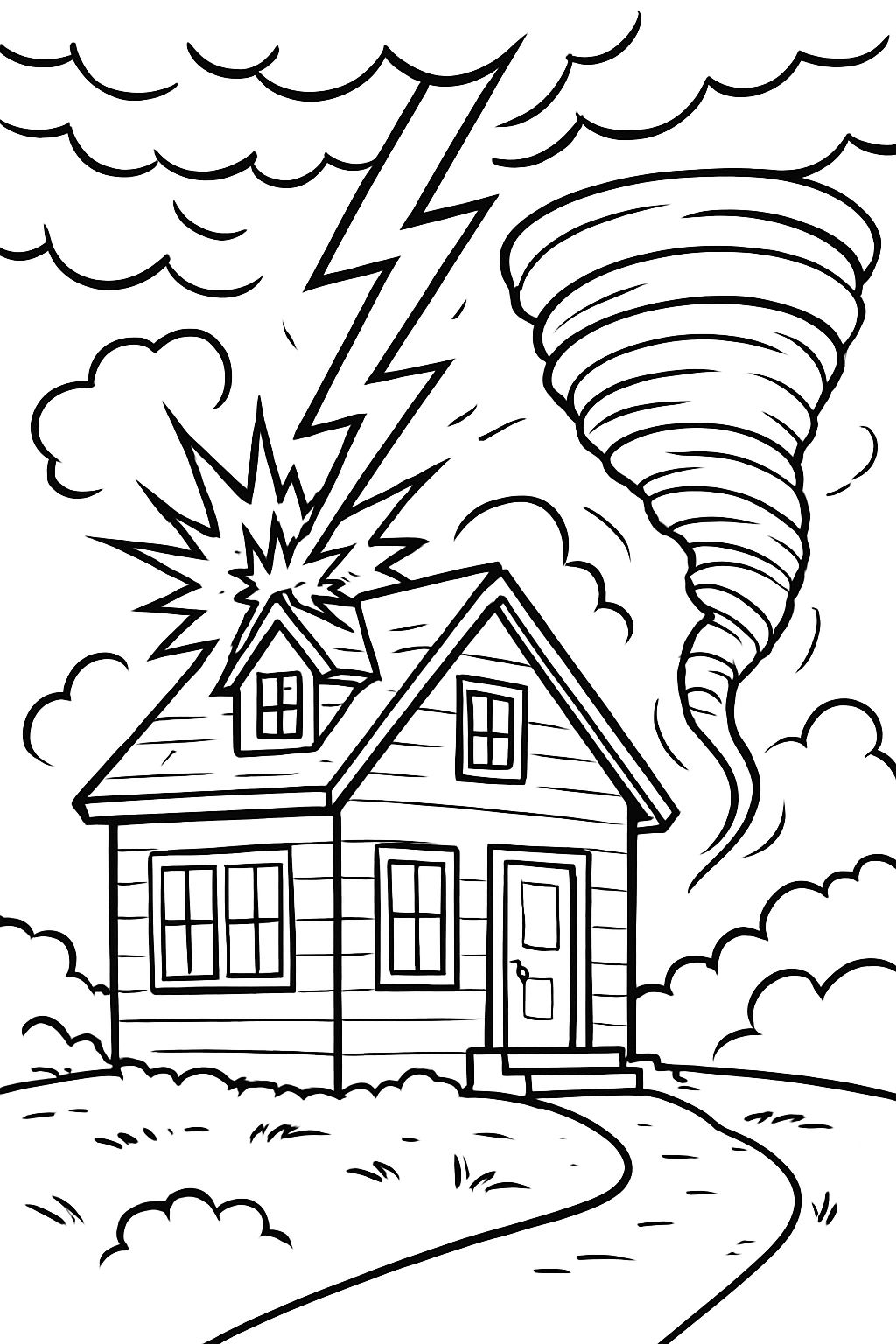 Ein Haus, das von einem Blitz getroffen wird, während ein Tornado sich nähert.
